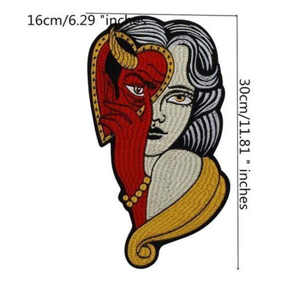 Large Embroidered Americana Devil Woman Applique Iron-on 12"x6" - Picture 1 of 1
